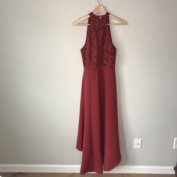 Keepsake All Talk Hi-Low Dress Maroon Halter Neck - Picture 5 of 8